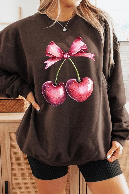 Heart Cherries With Bow Graphic Fleece Sweatshirt