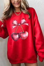 Heart Cherries With Bow Graphic Fleece Sweatshirt