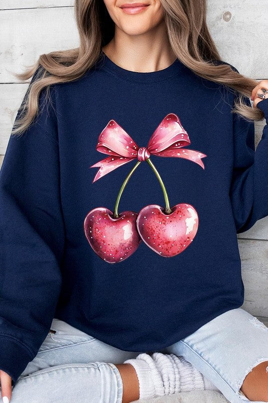 Heart Cherries With Bow Graphic Fleece Sweatshirt