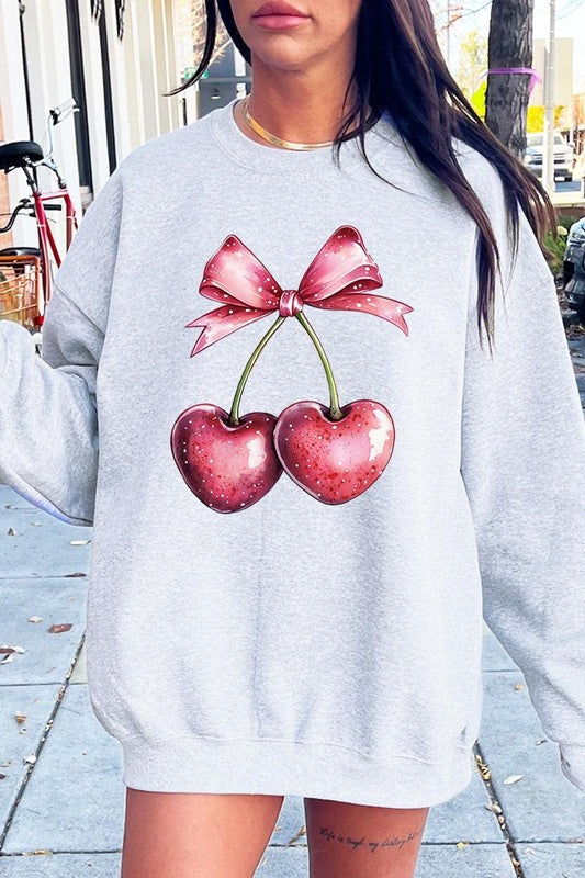 Heart Cherries With Bow Graphic Fleece Sweatshirt