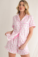 Bowknot Shirt and Ruffle Hem Shorts Pajama Set