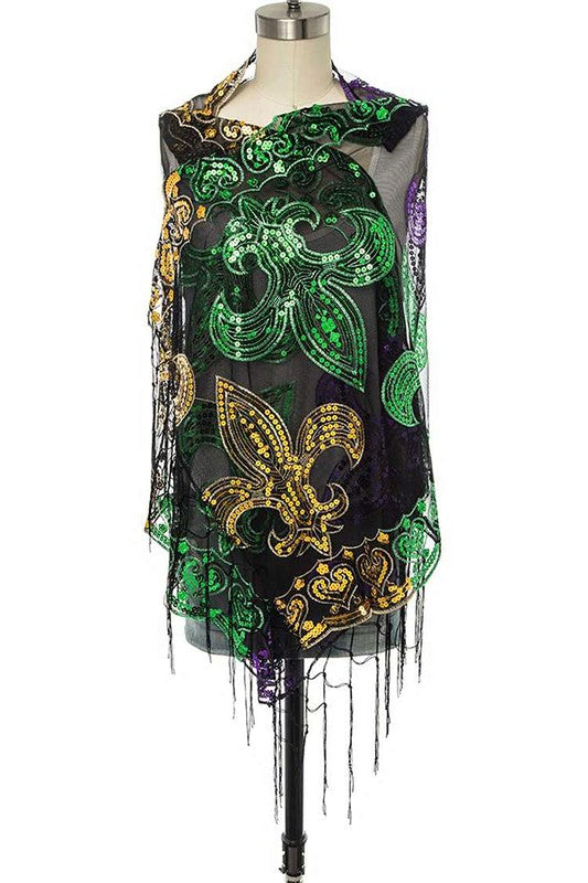 Mardi Gras Color Fleur De Lis Sequins Shawl Scarf