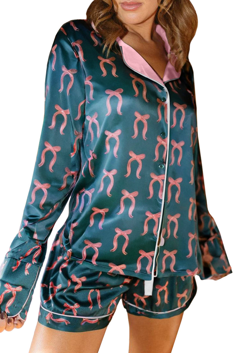 Green Ribbon Bow Print Silky Long Sleeve Shirt and Shorts 2pcs Pajama Set