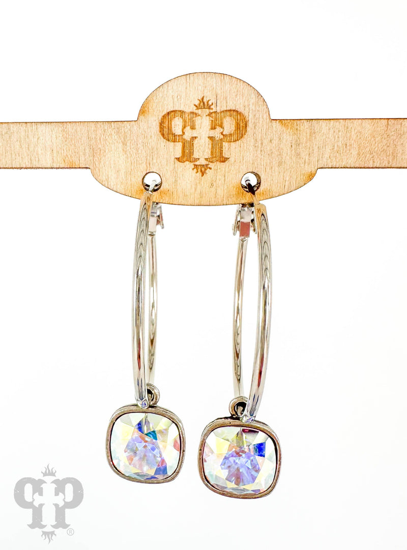 Square crystal hoop earring 1E508: AB/Bronze