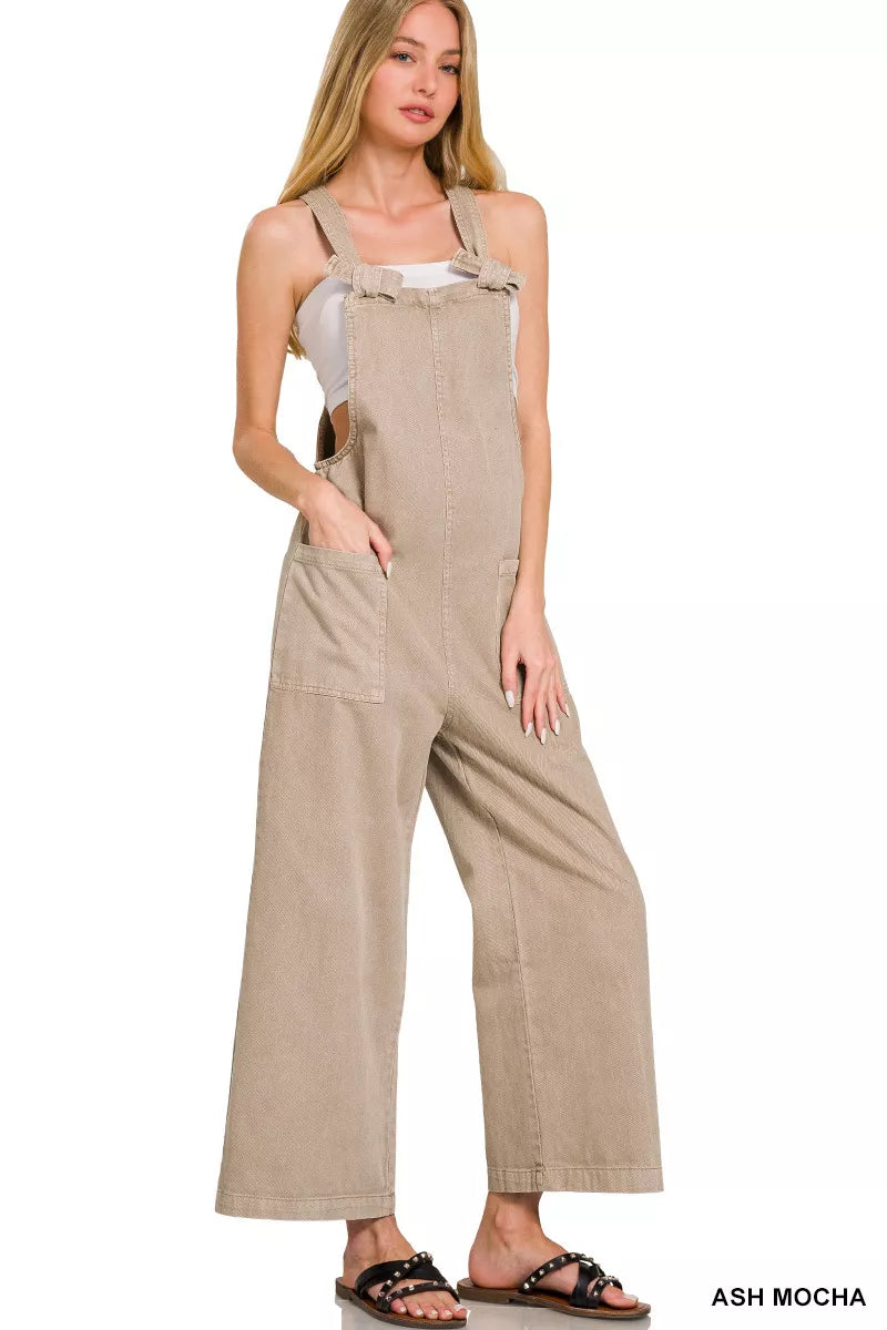 Zenana Washed Knot Strap Pockets Jumpsuit