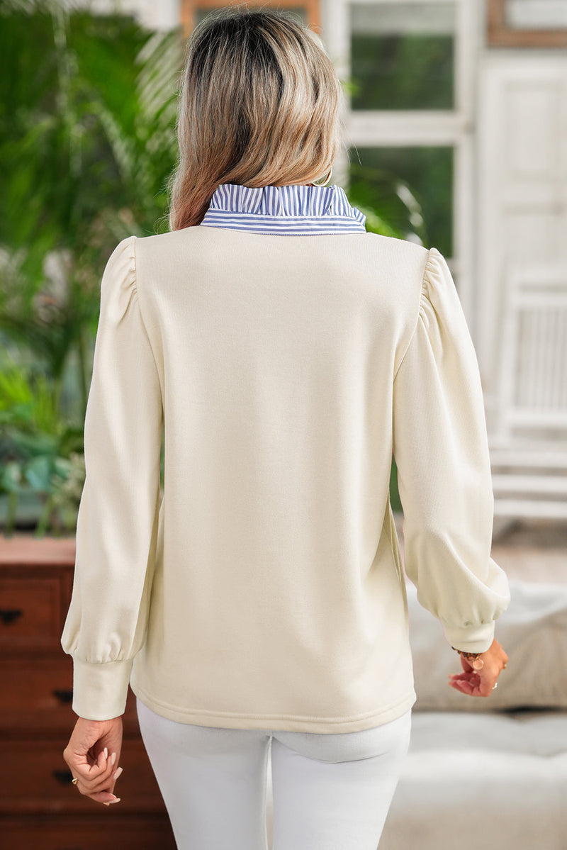 White Button Striped Collar Patchwork Puff Sleeve Sweatshirt