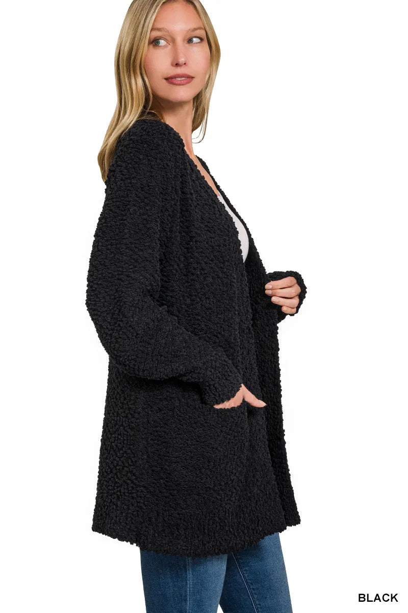 Zenana Long Sleeve Popcorn Sweater Cardigan with Pockets