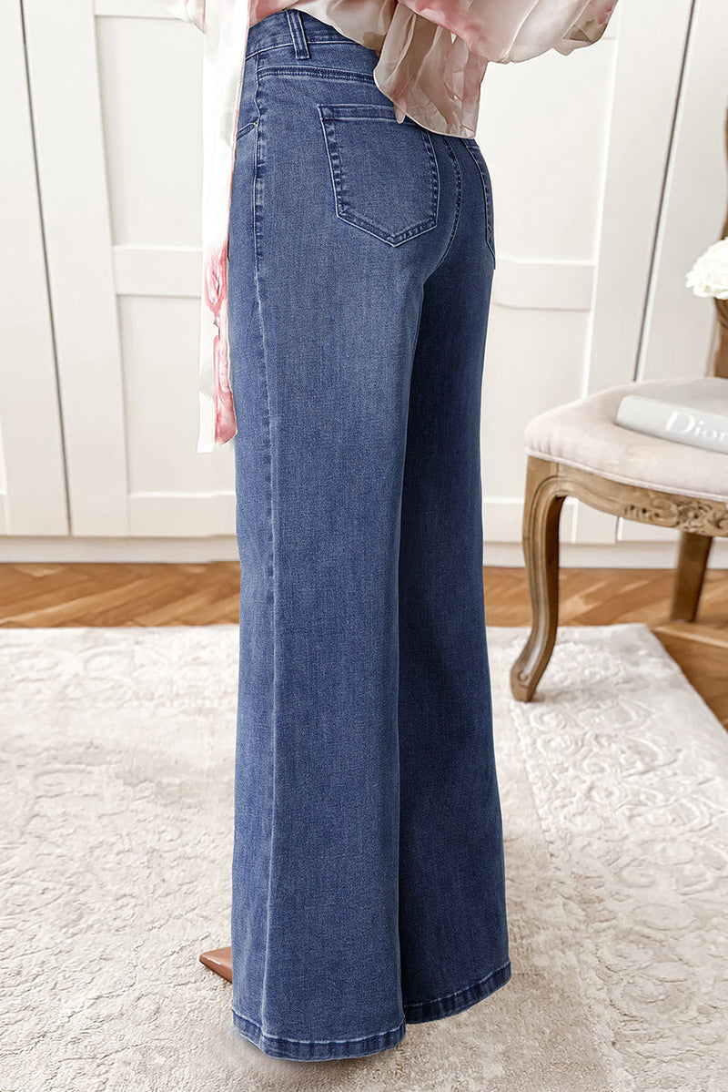 Dirty blue Button Zip High Waist Flared Hem Jeans