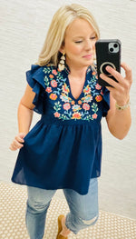 Navy Lila Floral Embroidery Blouse