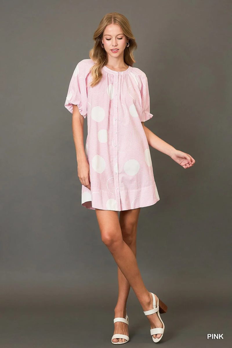 Umgee Stripe and Dot Print Button Down Puff Sleeve Mini Dress