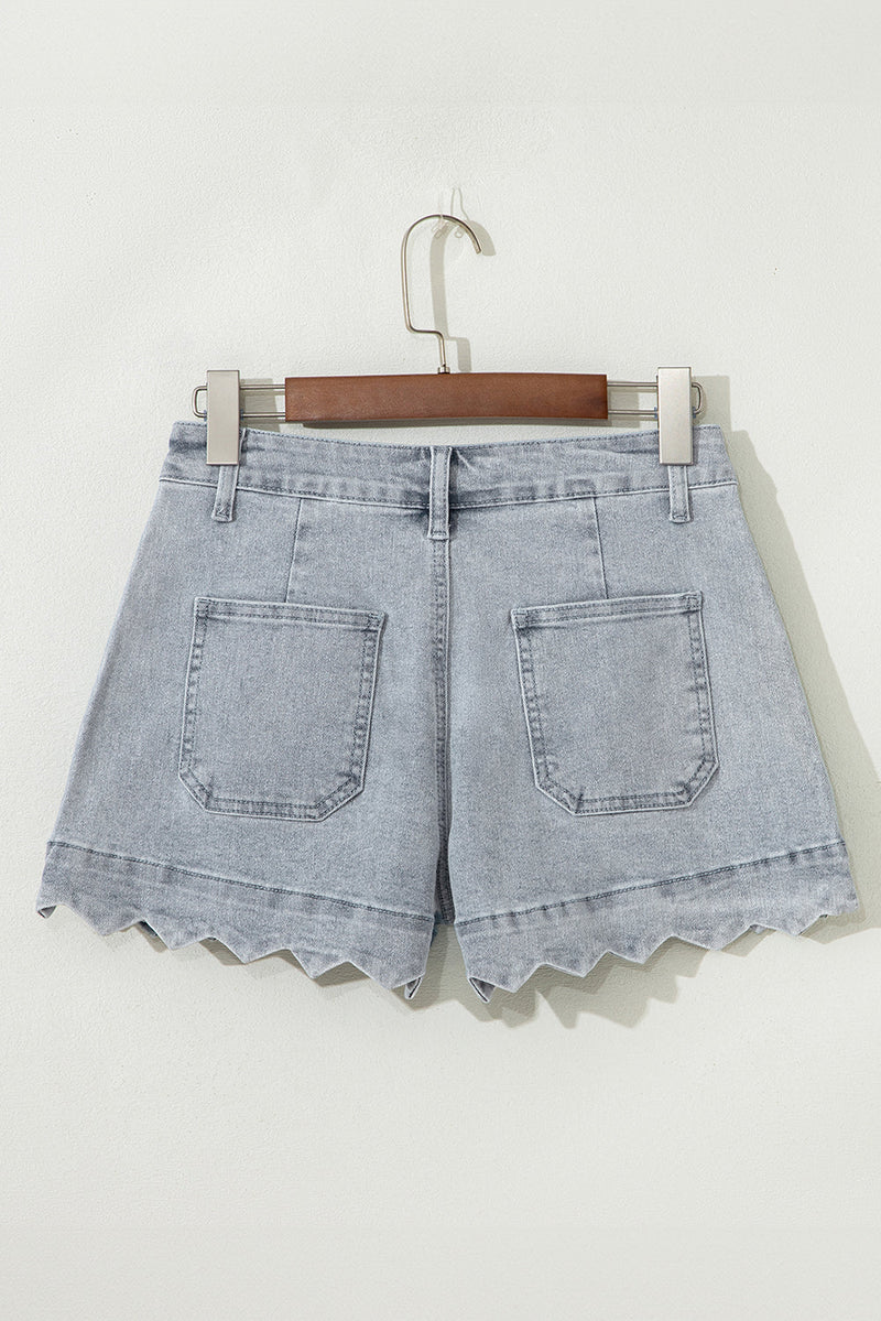 Scalloped Acid Wash High Waist Denim Shorts
