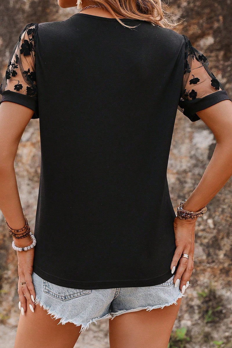 Black Plus Size Floral Mesh Patchwork Loose V Neck T Shirt
