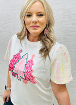 White Pink Sequin Trees Blouse