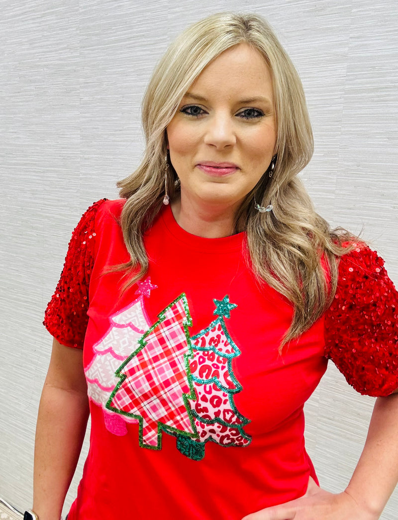 Red Pink Sequin Trees Blouse