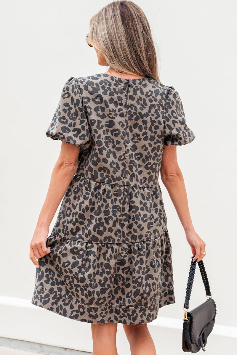 Zaylee Denim Leopard Short Puff Sleeve Mini Dress