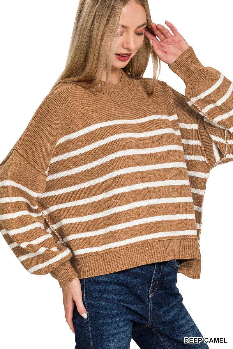 Zenana Exposed Seam Striped Oversized Sweater