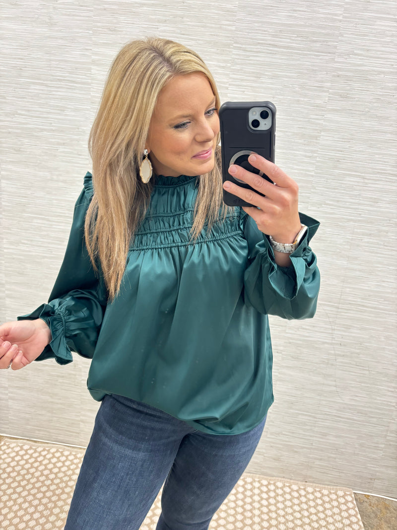 Hunter Green Frilled Satin Blouse