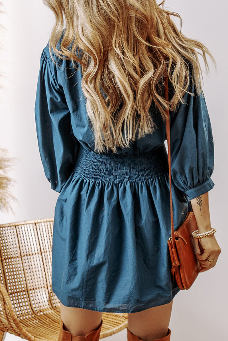 Vera 3/4 Sleeve Shirred High Waist Buttoned Dress