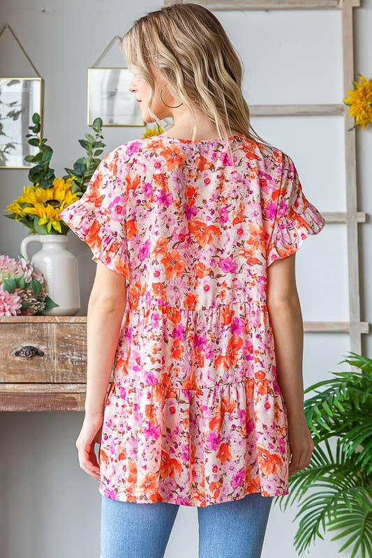 CORALLY PINK FLORAL TIERED TOP