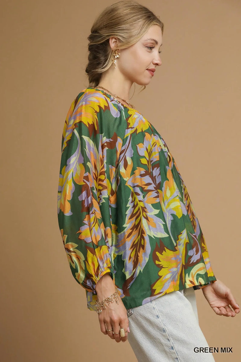 Umgee Mix Abstract Print Balloon Sleeve Blouse