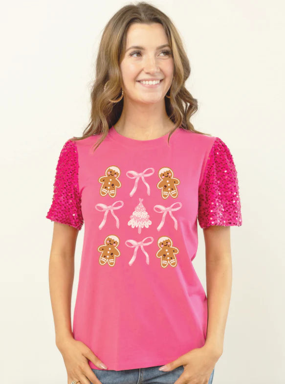 Gingerbread Bows Sequin Sleeve Blouse