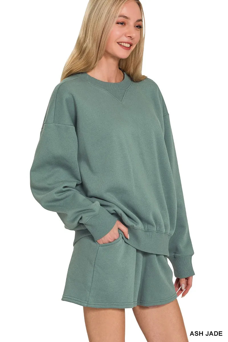 Zenana Fleece Long Sleeve Sweatshirts & Shorts Set