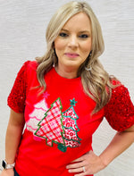 Red Pink Sequin Trees Blouse