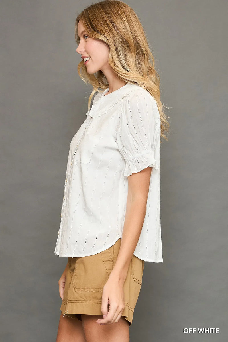 Umgee Peter Pan Collared Button Down Textured Shirt with Ruffled Detail