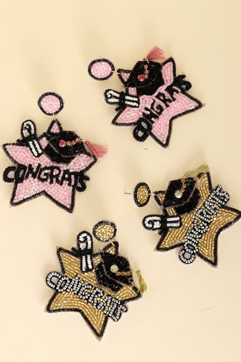 Congrats Letter Beaded Star Earrings: Pink