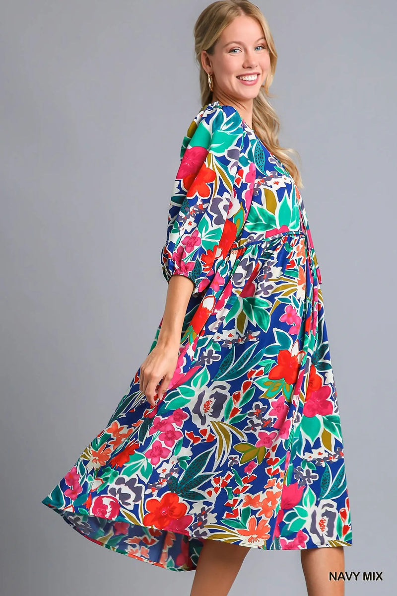Umgee Floral Print Tie Neck Midi Dress with Pockets