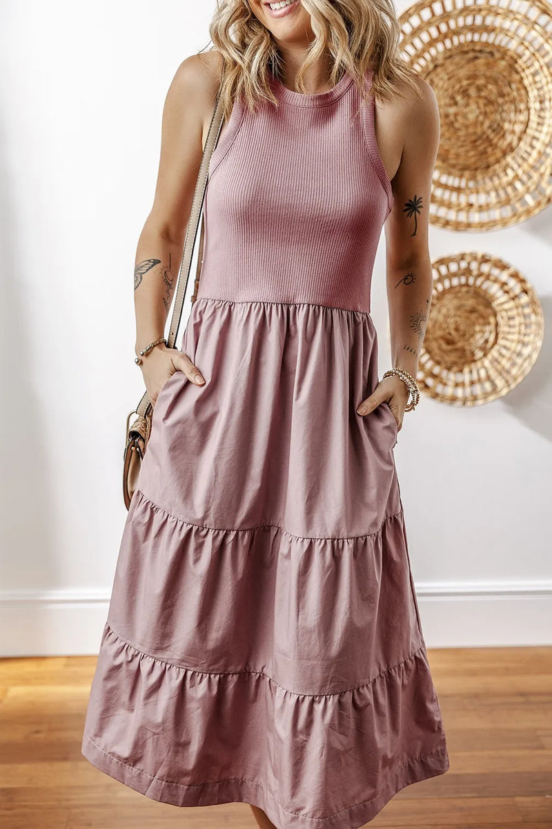 Ribbed Vest Patchwork Tiered Midi Dress with Pockets – ShopCottonBelles