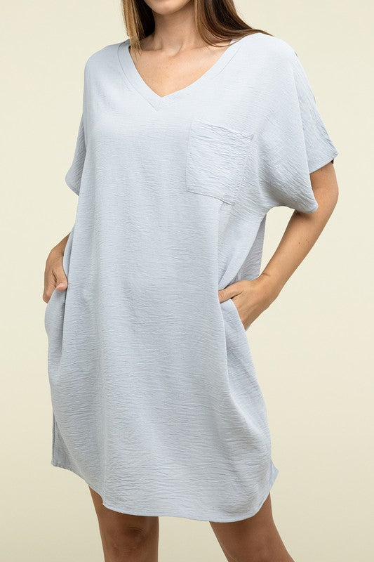 Woven Airflow V Neck T-Shirt Dress with Pockets