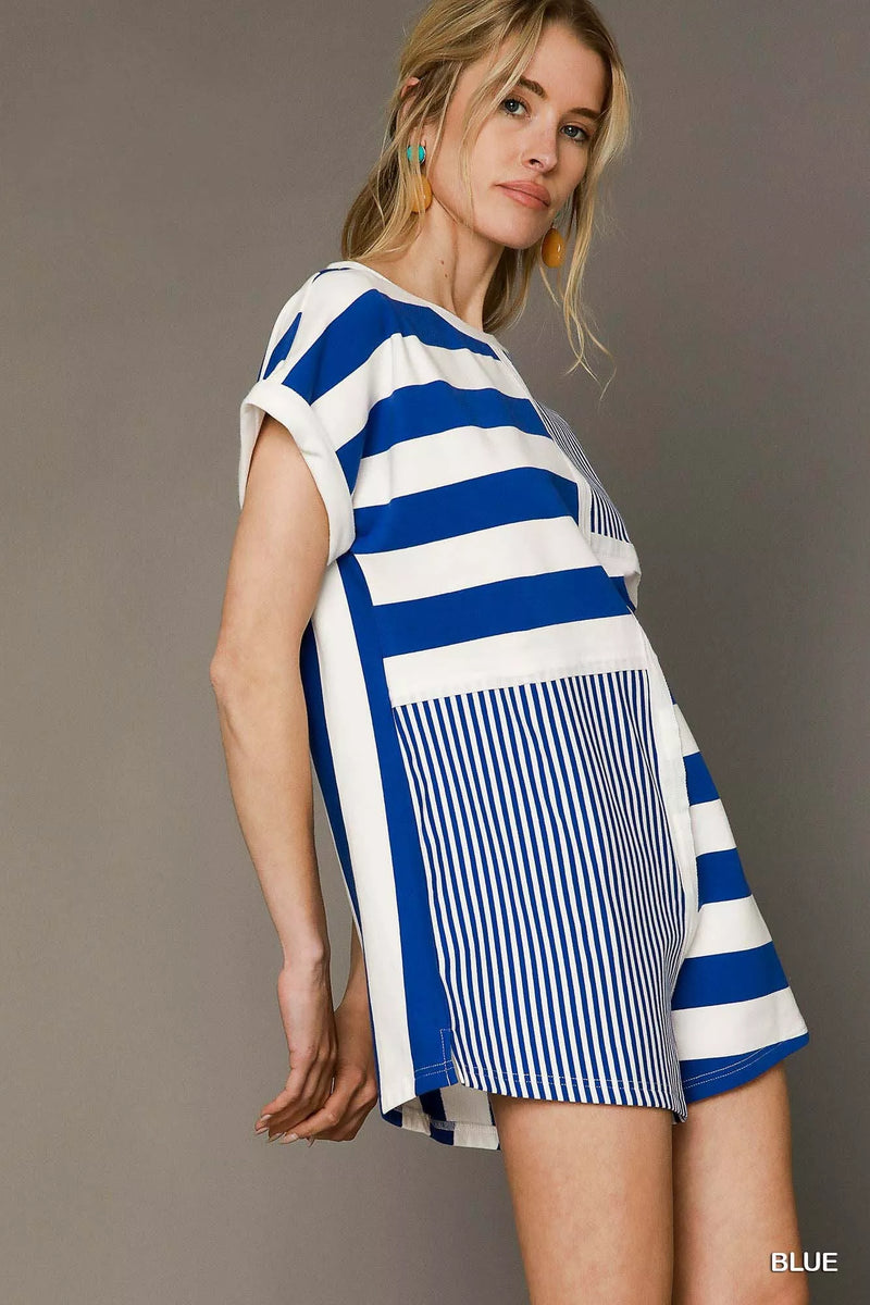 Umgee Mixed Striped Short Sleeve Romper