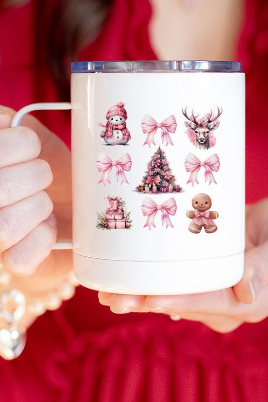 Christmas Pink Snowman Bow Travel Coffee Cup