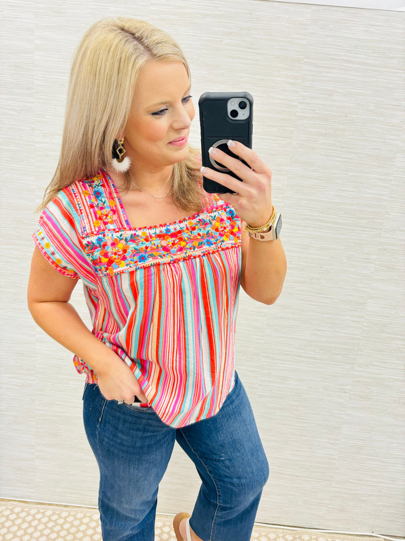 Squared Neckline Embroidered Top