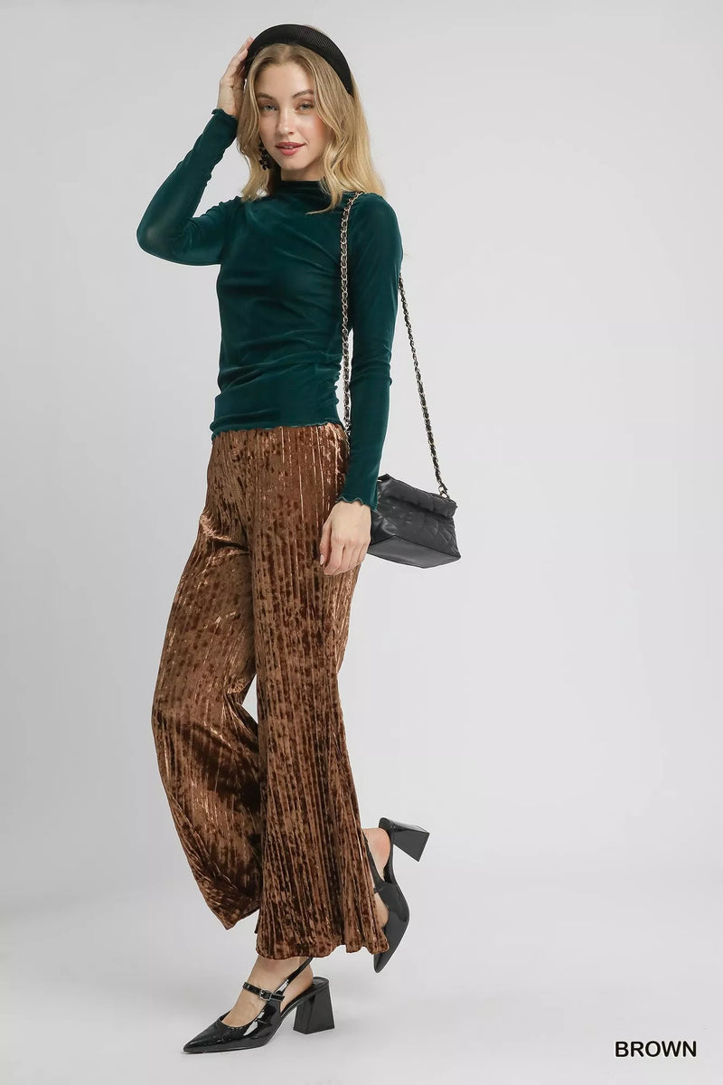 Umgee Velvet Pleated Wide Leg Pants