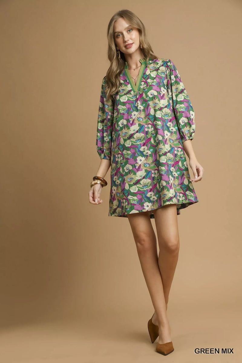 Umgee Boho Floral Balloon Sleeve Mini Dress