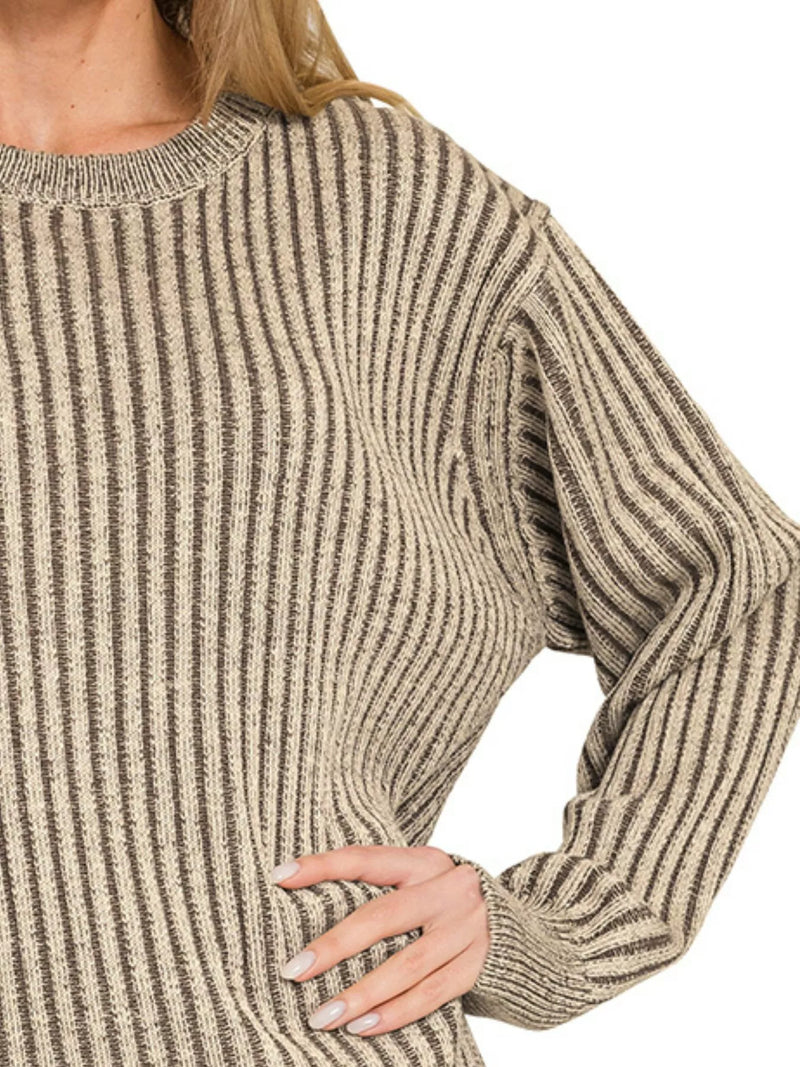 Zenana Curved Hem Two-Tone Ribbed Sweater