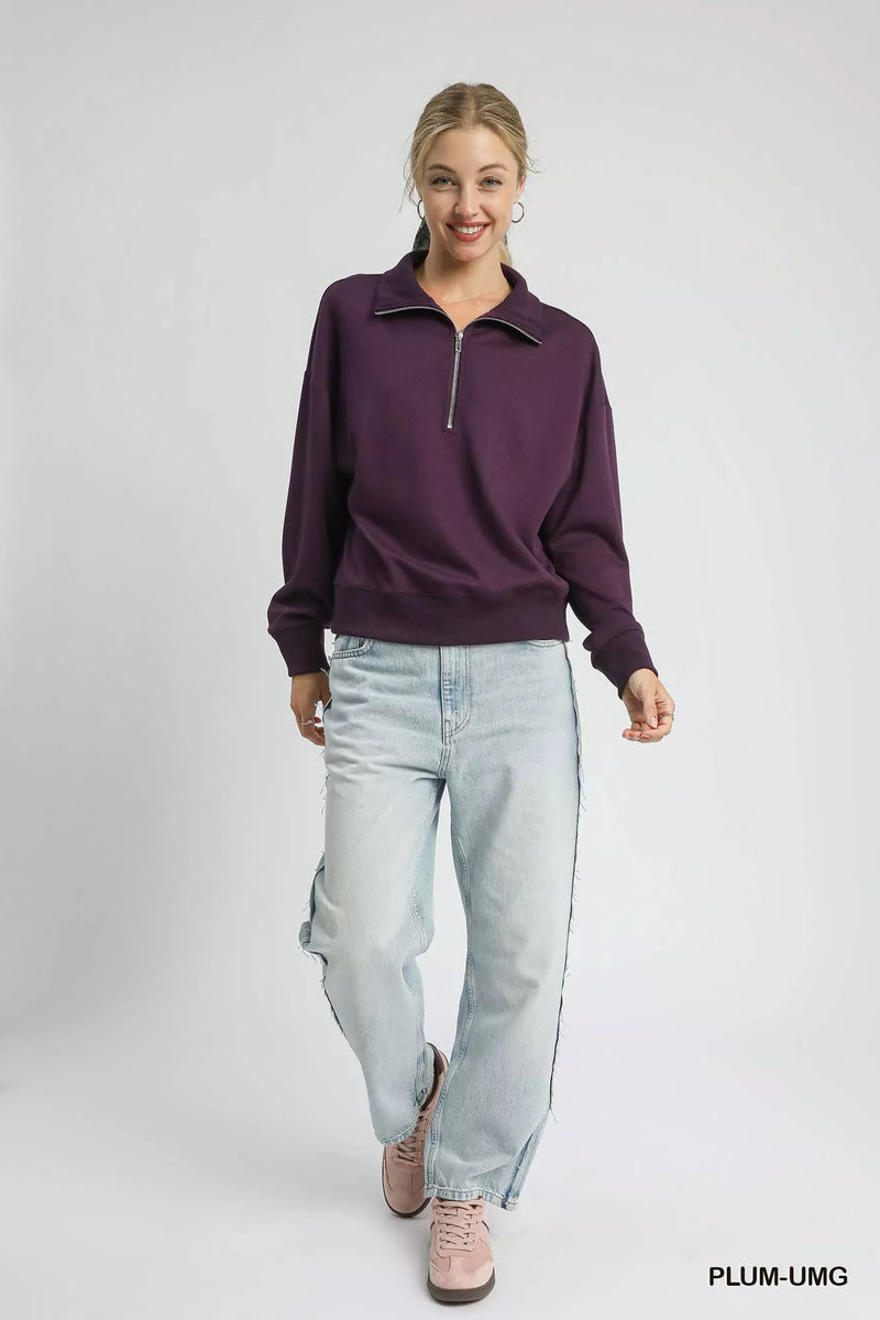 Umgee Half Zip Drop Shoulder Sweatshirt