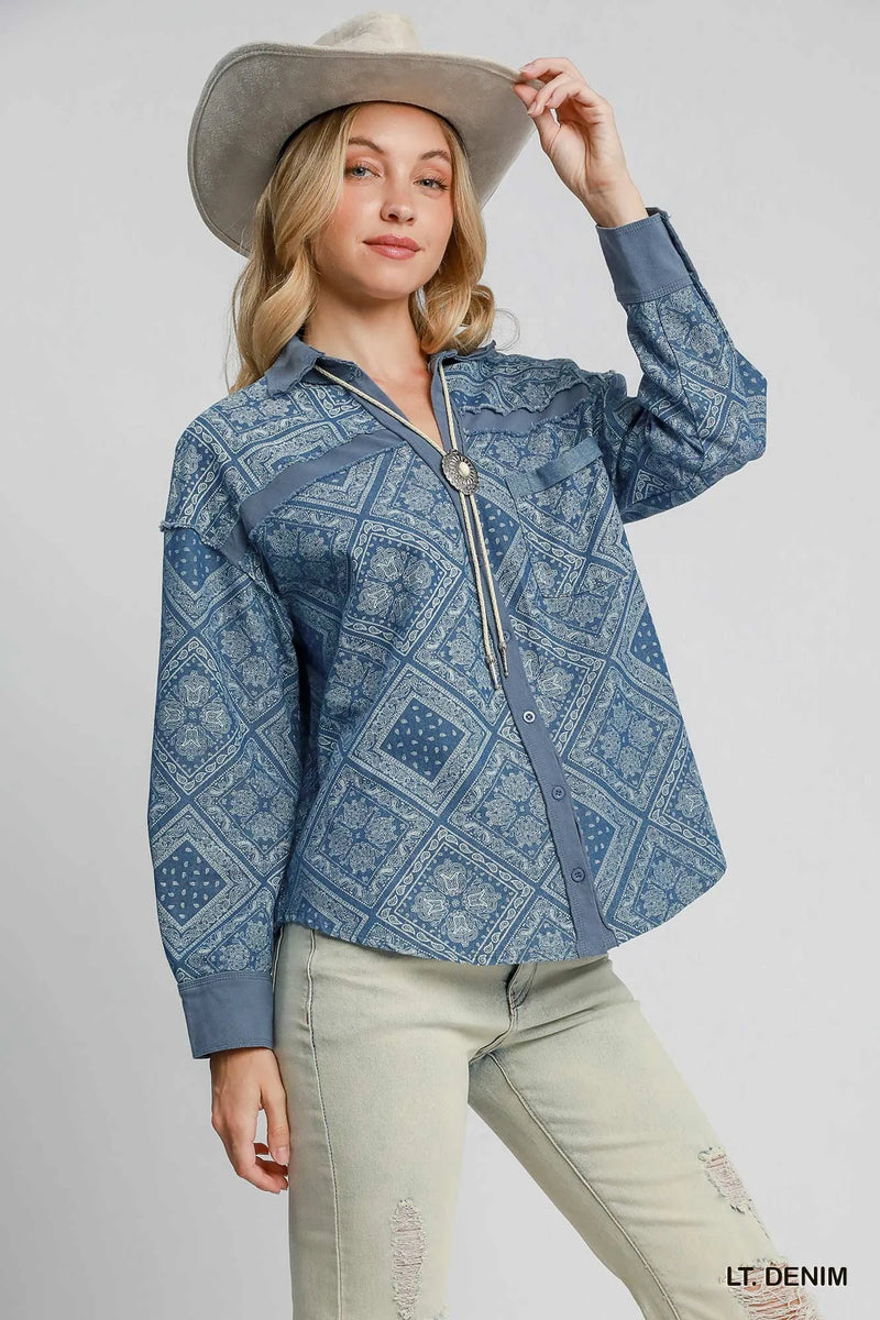 Umgee Paisley Print Denim Shirt Jacket
