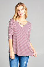 STRIPE JERSEY LACE UP NECK CASUAL TOP