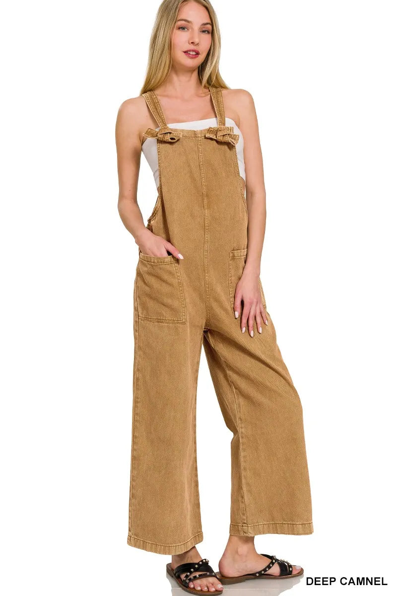 Zenana Washed Knot Strap Pockets Jumpsuit