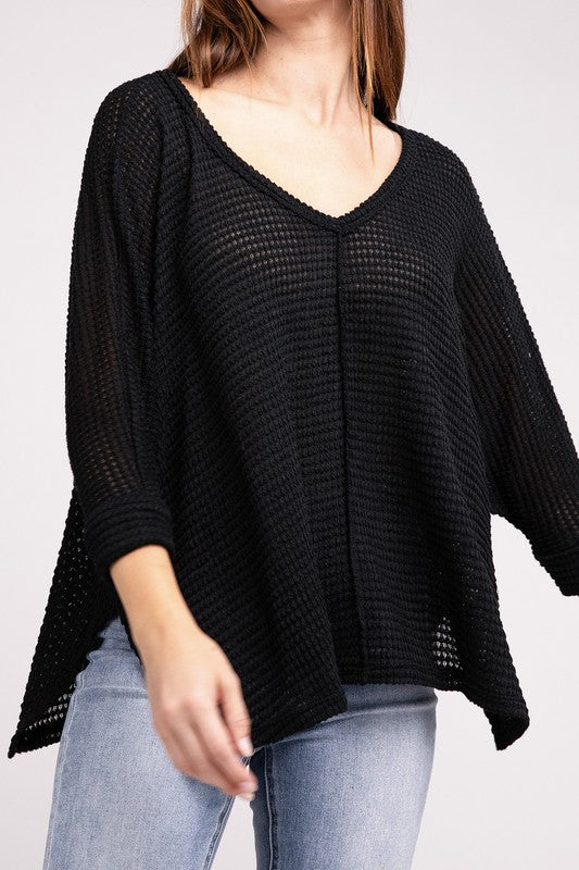 3/4 Sleeve V-Neck Hi-Low Hem Jacquard Sweater