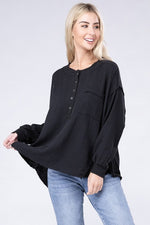 Double Gauze Oversized 3/4 Button Henley Neck Top