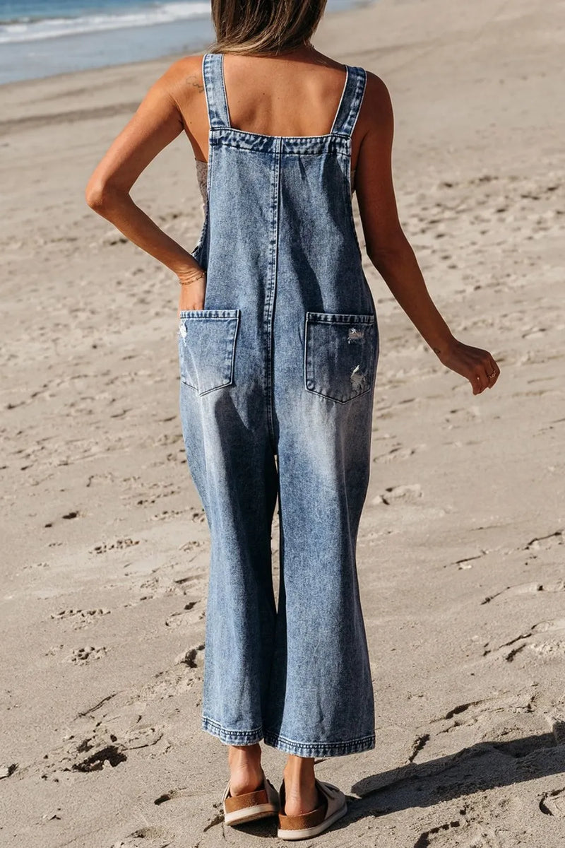 Distressed Bib Pocket Wide Leg Denim Overalls