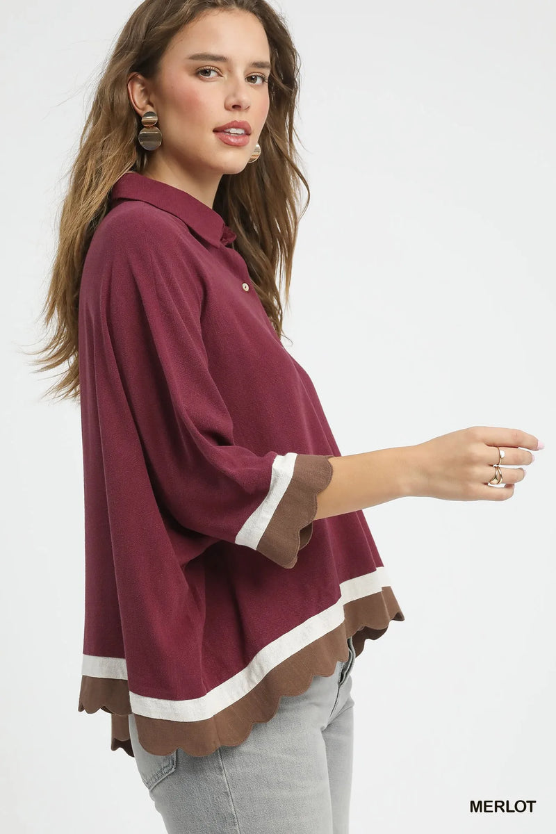Umgee Colorblock Button-Down Shirt with Scallop Hem