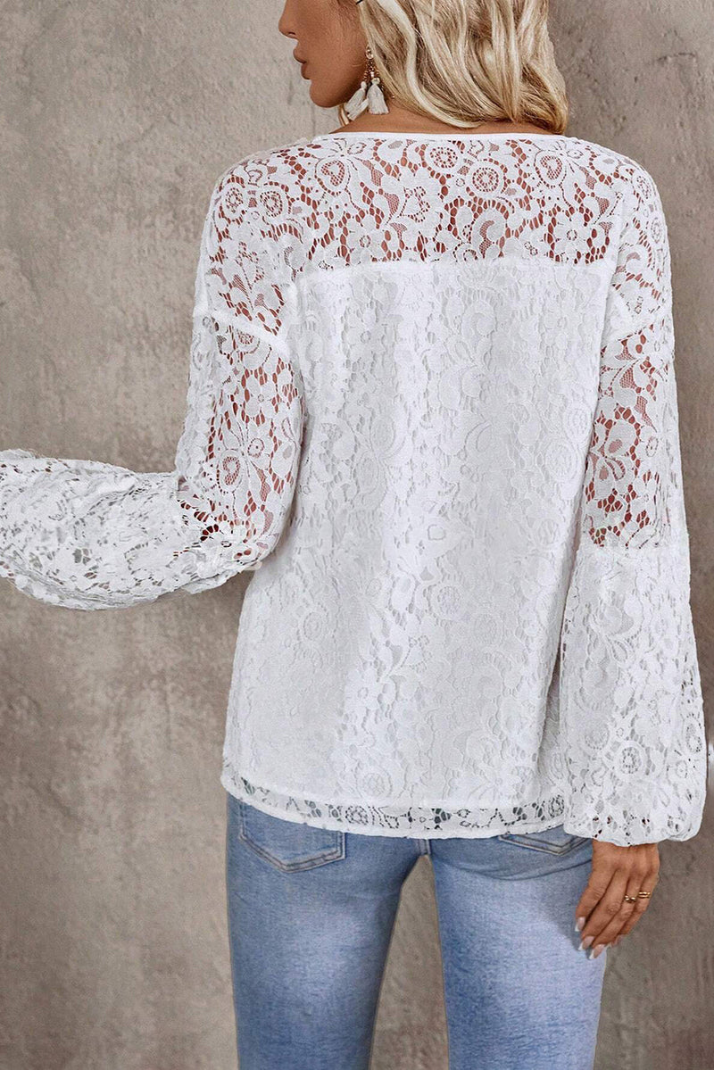 White Cutout Lace Elegant Tie V-neck Blouse