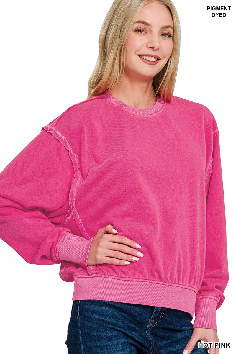 Zenana Soft Fleece Pigment Dye Round Neck Pullover