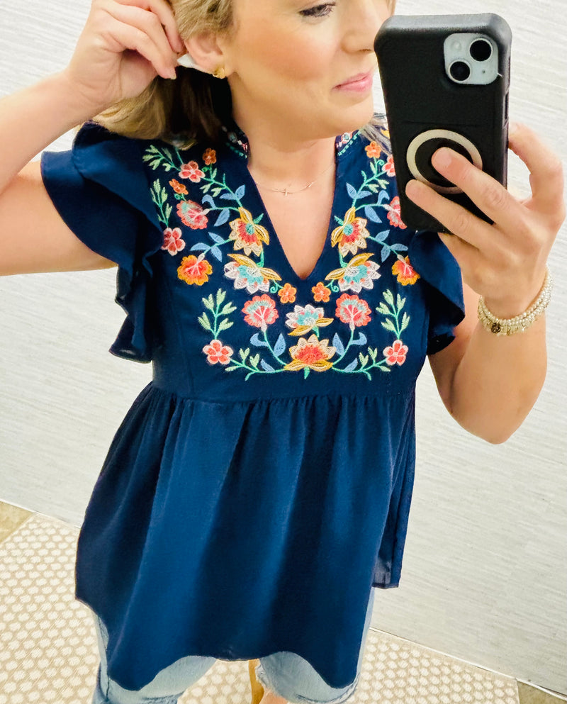 Navy Lila Floral Embroidery Blouse