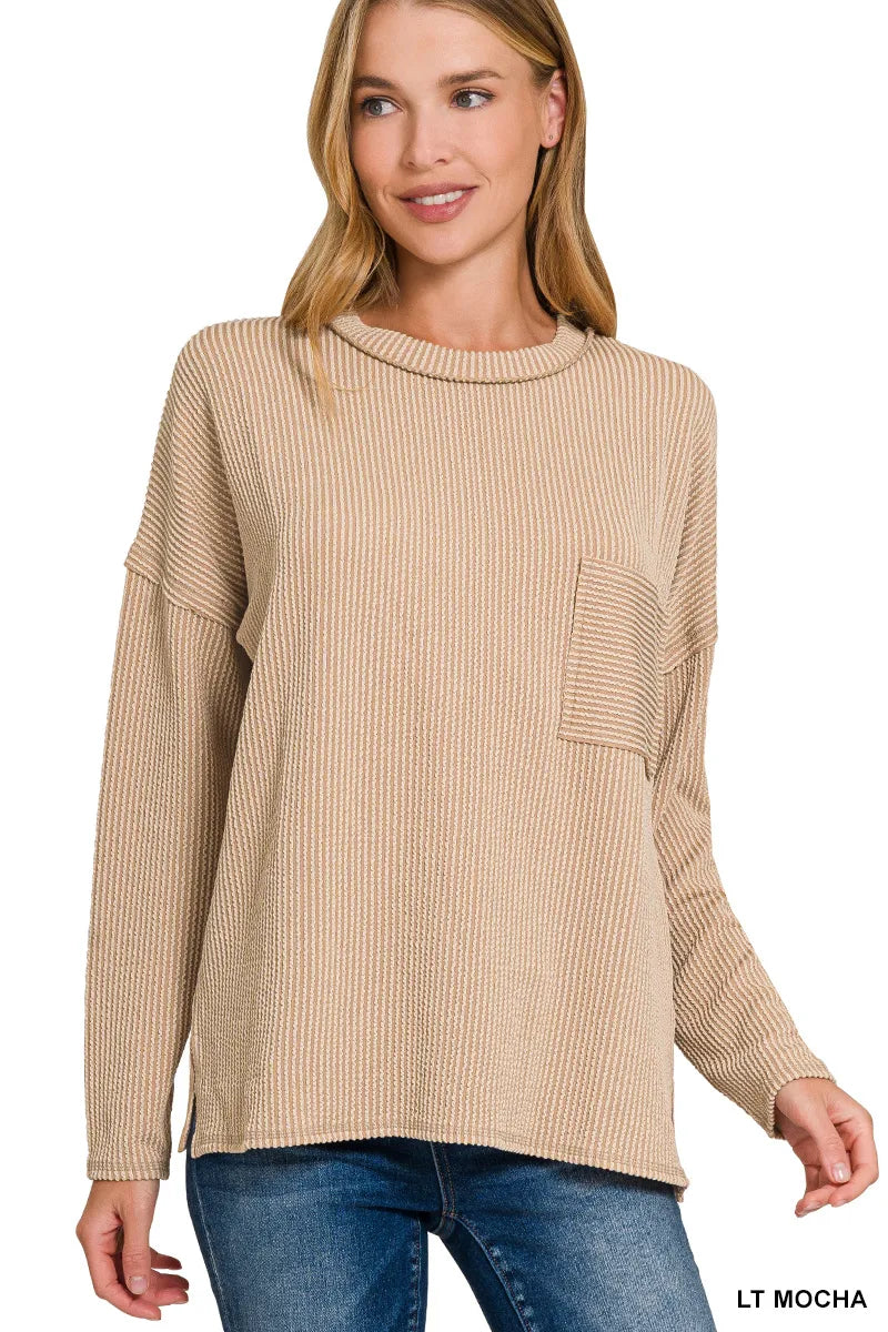 Zenana Long Sleeve Drop Shoulder Rib Top